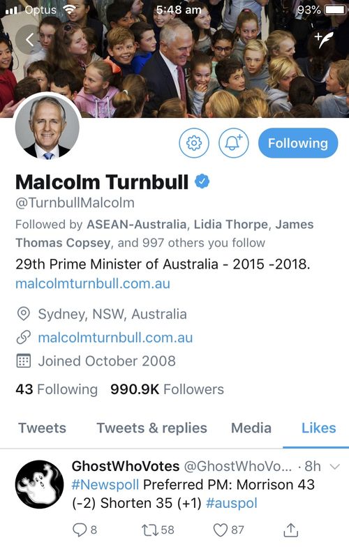 Malcom Turnbull's twitter account, “liked” a Newspoll tweet that showed the new Prime Minister, had dropped back in the Better PM stakes.