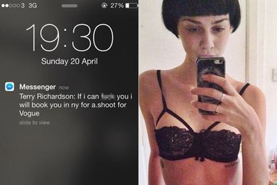 On April 20, 2014, Emma Appleton tweeted a picture of a Facebook message allegedly from Terry Richardson, offering her a <i>Vogue</i> shoot in return for sex. Terry's rep denied it was from him: 'This is obviously a fake. Terry did not send this text.'<br/><br/>Emma deleted the post and her account...<br/><br/>Images: Emma Appleton/Twitter/Instgram
