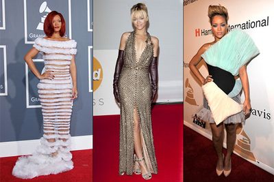 Rihanna may have designed her own collection for UK fashion powerhouse, <a href=http://www.riverisland.com/rihanna-for-river-island>River Island</a>, but the young Barbadian has made some truly unstylish decisions during award season. The peakaboo, cotton candy tragedy of 2011 (left) is still one the most memorable Grammy entrances we've seen in years!