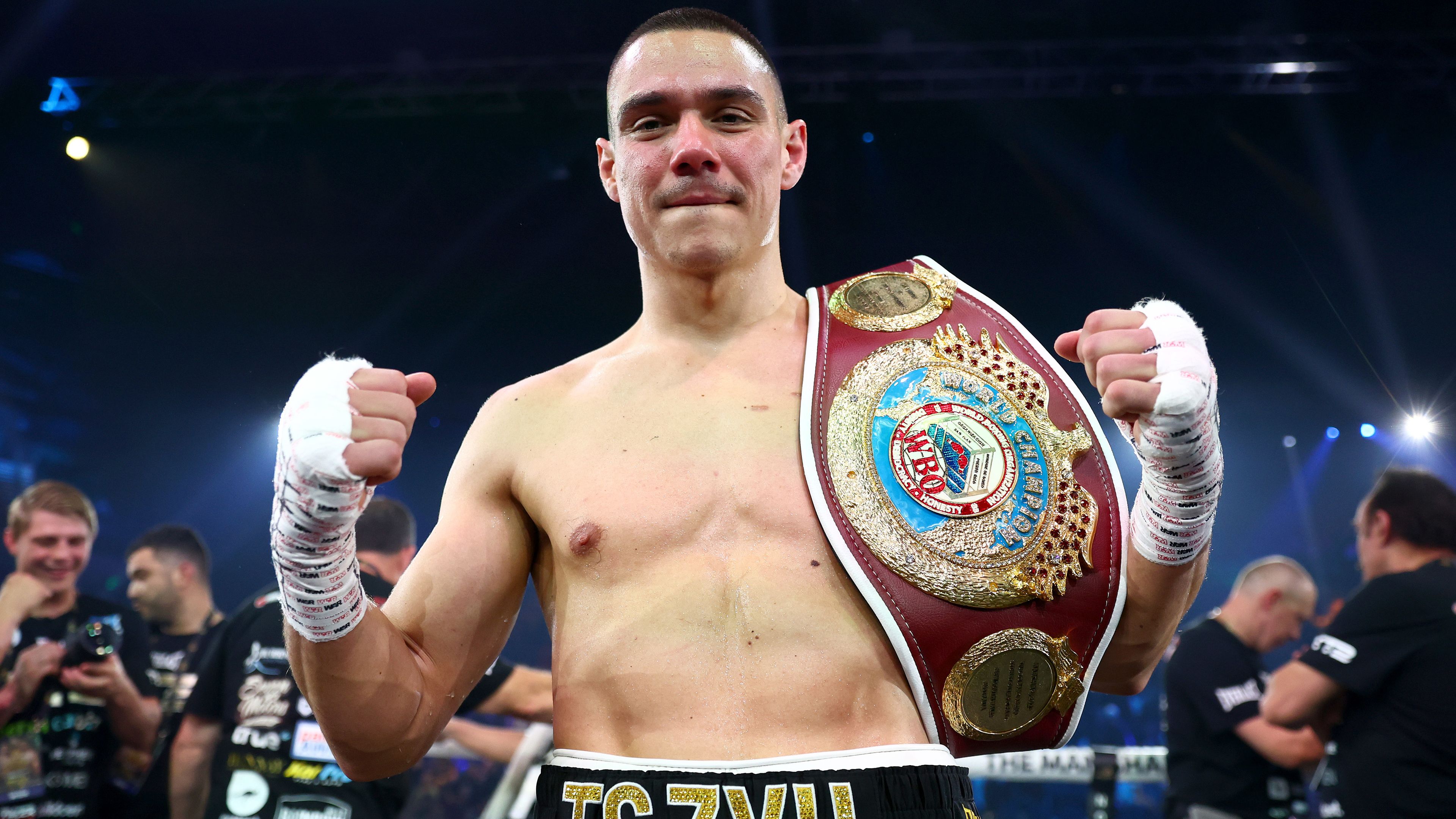 Tim Tszyu poses with the interim title belt after his win over Carlos Ocampo