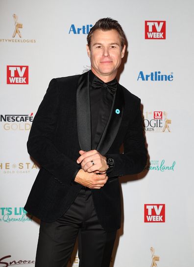 Rodger Corser arrives at the 61st Annual TV Week Logie Awards wearing a blue pin for Australia Says No More