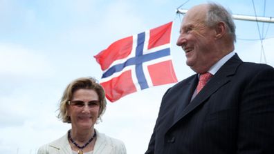 His Majesty King Harald V and Queen Sonja of Norway speak to the media after a visit to the Royal Sydney Yacht Squadron, Kirribillii. 24th February 2015.