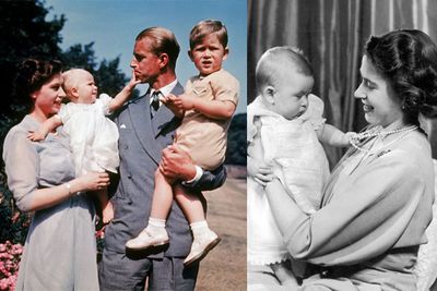 These touching photos show <b>Queen Elizabeth</b> and <b>Philip </b>with the first colour photgraph of <b>Princess Anne</b> with older brother,<b> Prince Charles</b>. On the right is baby Charles. You can the Prince already has his trademark ears!