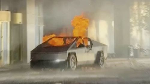 This image provided by Alcides Antunes shows a Tesla Cybertruck that exploded outside President-elect Donald Trump's Las Vegas hotel early Wednesday, Jan. 1, 2025.  (Alcides Antunes via AP)