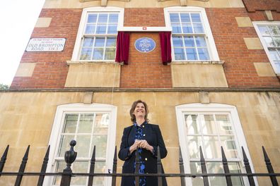 Princess Diana's former flatmate Virginia Clarke stands outside Coleherne Court, Old Brompton Road, London, Wednesday September 29, 2021, during the unveiling of the English Heritage blue plaque. 