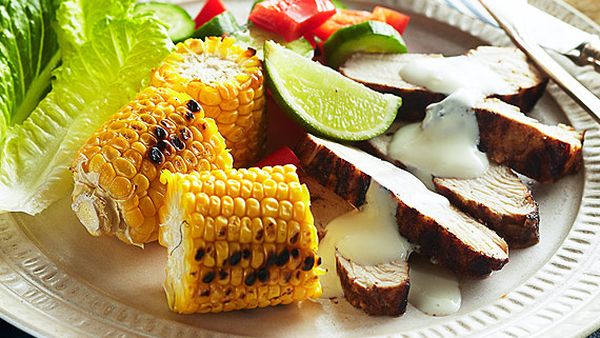 Jerk chicken with barbecued corn