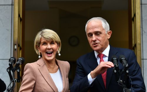 Minister for Foreign Affairs Julie Bishop and Prime Minister Malcolm Turnbull at a press conference at Parliament House in Canberra, Tuesday, August 21, 2018