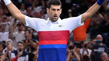 Novak Djokovic of Serbia celebrates after winning match point in the men&#x27;s singles final against Daniil Medvedev of Russia on day seven of the Paris Masters.