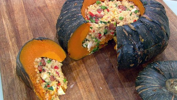 Paella-filled whole pumpkin