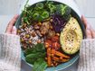 Healthy eating. Plate with vegan or vegetarian food. Healthy plant based diet. Healthy dinner. Buddha bowl with fresh vegetables. High quality photo