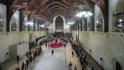 King Charles III, Anne, Princess Royal, Prince Andrew, Duke of York and Prince Edward, Earl of Wessex depart after holding a vigil beside the coffin of their mother, Queen Elizabeth II, as it lies in state on the catafalque in Westminster Hall, at the Palace of Westminster, ahead of her funeral on Monday, on September 16, 2022 in London, England. (Photo Yui Mok - WPA Pool/Getty Images)