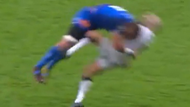 Ryno Pieterse hits Maxime Lucu after kicking, earning a red card.