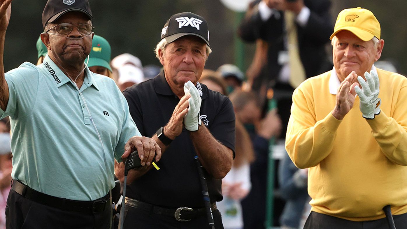 Lee Elder with Gary Player and Jack Nicklaus at the opening ceremony for the Masters Tournament.