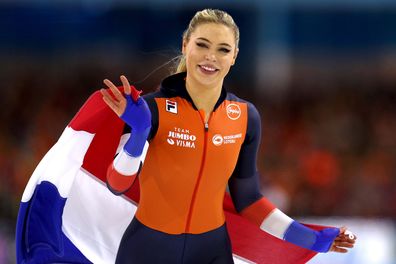 Jutta Leerdam of Netherlands celebrates victory and the gold medal after she competes in the 1000m Women race during the ISU European Speed Skating Championships at Thialf Arena on January 07, 2024 in Heerenveen, Netherlands. 