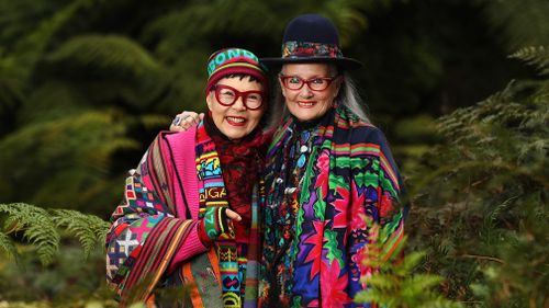 Fashion designers Jenny Kee and Linda Jackson pose for a photograph in the Blue Mountains. Picture: AAP