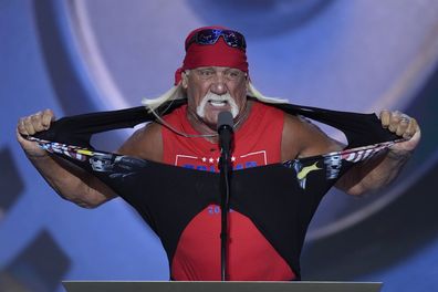 Hulk Hogan tears off his shirt while speaking on the final night of the Republican National Convention on Thursday, July 18, 2024, in Milwaukee. (AP Photo/J. Scott Applewhite)