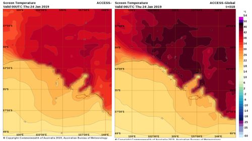 A heat map showing temperatures in SA this morning (l) and the predicted temperature at 5pm today (r).