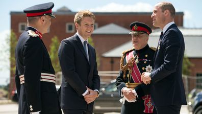LEEDS, ENGLAND - JUNE 21: Prince William, Duke of Cambridge (R) is greeted by General Timothy Granville-Chapman (2R), Hugh Grosvenor, the Duke of Westminster (2L) and John Peace (L) during the official handover to the nation of the newly built Defence and National Rehabilitation Centre (DNRC) at the Stanford Hall Estate on June 21, 2018 in Leeds, England. The centre will provide world-class rehabilitation facilities for members of the Armed Forces who have suffered major trauma or injury during 