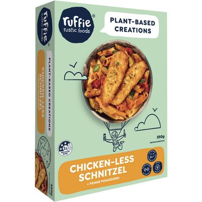 Ruffie Rustic Foods Plant Based Chicken-ie Schnitzel Frozen Meal 350 grams: 421 calories
