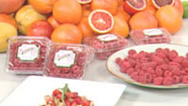 Mango and orange jelly with strawberry, kiwi and raspberry salad