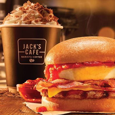 Hungry Jack's winter warmers brekky roll with spicy relish, double hot chocolate