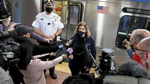 SEPTA General Manager Leslie Richards speaks during a news conference as SEPTA Transit Police Chief Thomas Nestel III stands behind her, in Philadelphia, following a brutal rape on the El, as other riders watched, over the weekend.
