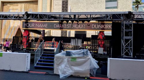 The rear of the media bleachers, overlooking the red carpet area. (9NEWS/Ehsan Knopf)