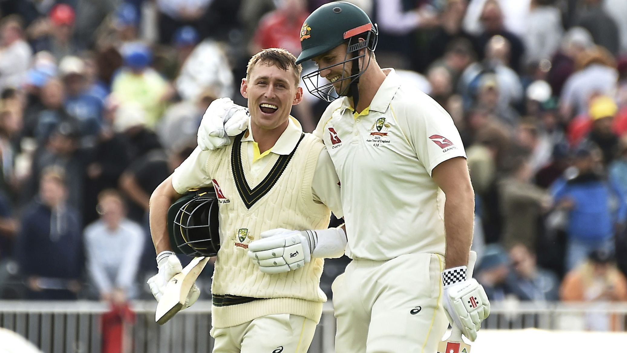 Australia&#x27;s Marnus Labuschagne and Mitchell Marsh leave the field at Old Trafford.