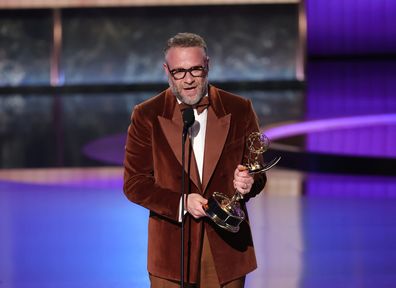 LOS ANGELES, CALIFORNIA - SEPTEMBER 14: Seth Rogen accepts the Outstanding Lead Actor in a Comedy Series award for "The Studio" onstage during the 77th Primetime Emmy Awards at Peacock Theater on September 14, 2025 in Los Angeles, California.  (Photo by Kevin Winter/Getty Images)