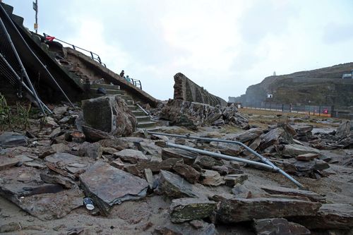 A partially collapsed harbour wall in Portreath, Cornwall. (AAP)