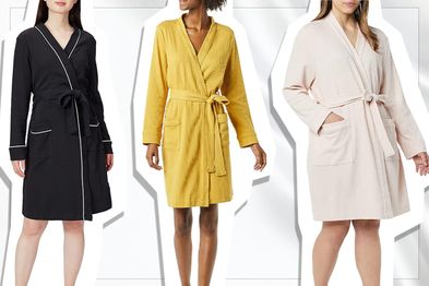 9PR: Amazon Essentials Lightweight Waffle Mid-Length Robe, Black, Mustard Yellow and Pale Pink