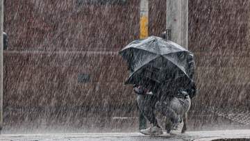 A resident sheltered under an umbrella after heavy rain hit Sydney CBD on 29 September, 2022. Photo: Brook Mitchell