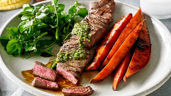 Chimichurri beef fillet with watercress and sweet potato