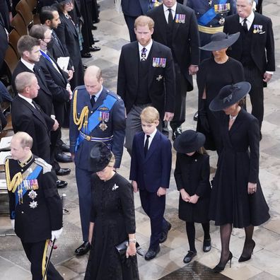 Prince Edward, Earl of Wessex, Sophie, Countess of Wessex, The Prince of Wales, the Princess of Wales, Prince George, Princess Charlotte, the Duke of Sussex, the Duchess of Sussex at the State Funeral of Queen Elizabeth II on September 19.