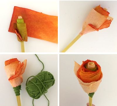 <p><strong>Paper towel roses ...</strong></p>
<p>1. First, make dip-dyed paper towels by dipping scrunched up paper towels into plastic cups filled with water coloured with watercolour paint. Unravel the paper towels, dry them then cut them in half. </p>
<p>2. Fold paper towels in half. Then add glue to the top of a paddle pop stick and wind your folded towels around and around in layers.&nbsp;</p>
<p>3. As you wind on more towels, try and keep them lower than&nbsp;the centre 'bud' - keep going until you're happy with your 'rose'</p>
<p>4. Where the paper towel wraps on the stick, cover the edge with a wind of green wool or twine.</p>
<p>Done!</p>
<p>- Dip-dyed paper towels</p>
<p>&nbsp;</p>
<p>&nbsp;Liquid watercolours<br style="box-sizing: border-box; color: #4e4e4e; font-family: 'Open Sans', sans-serif; font-size: 18px; letter-spacing: 0.5px; background-color: #ffffff;" />
&bull; Water<br style="box-sizing: border-box; color: #4e4e4e; font-family: 'Open Sans', sans-serif; font-size: 18px; letter-spacing: 0.5px; background-color: #ffffff;" />
&bull; Drying rack<br style="box-sizing: border-box; color: #4e4e4e; font-family: 'Open Sans', sans-serif; font-size: 18px; letter-spacing: 0.5px; background-color: #ffffff;" />
&bull; Paper towel</p>