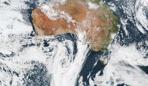 Visible true colour satellite image captured at 11am AEDT on Tuesday.