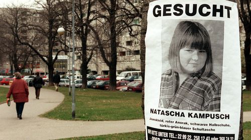 A black-and-white flyer shows Natascha Kampusch at age 10 as a missing person after she was abducted on her way to school in Austria in March 1998. (AAP)