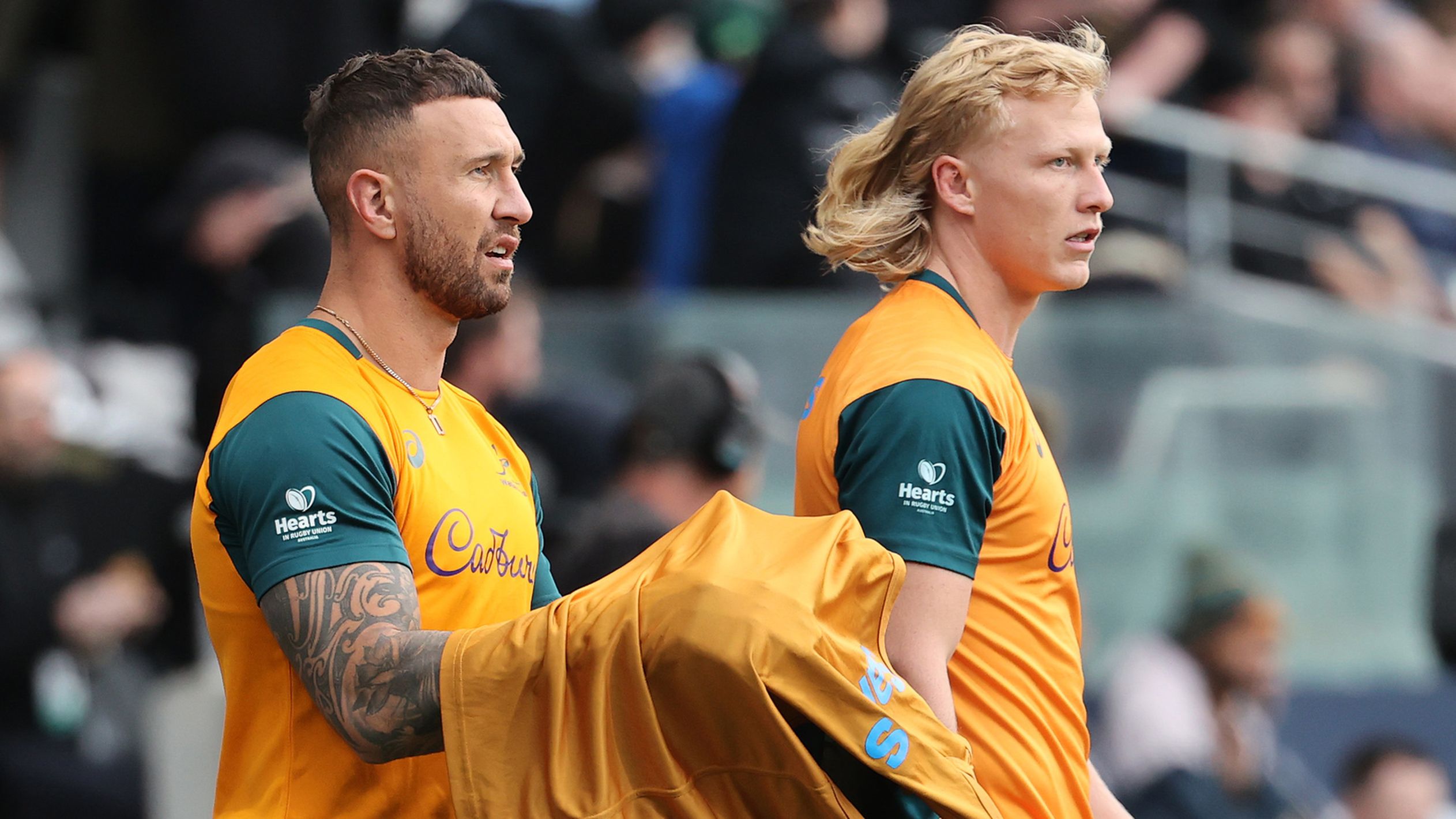 Quade Cooper (left) and Carter Gordon warm up before The Rugby Championship &amp; Bledisloe Cup match between the All Blacks and Wallabies in Dunedin.