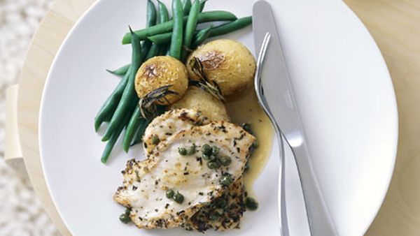Chicken paillards with rosemary and capers