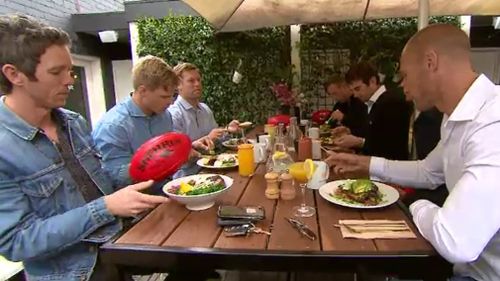 Eight retiring AFL champions converged at Serotonin Eatery for a special breakfast on Wednesday. (9NEWS)