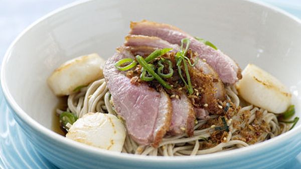 Duck and sea scallop soba noodles