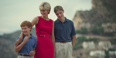 Elizabeth Debicki as Diana in The Crown Season 6 with Rufus Kampa as Prince William in Pt1 and Fflyn Edwards as Prince Harry in Pt1