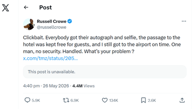 Russell Crowe hits back at viral video of interaction with fans on X, formerly Twitter