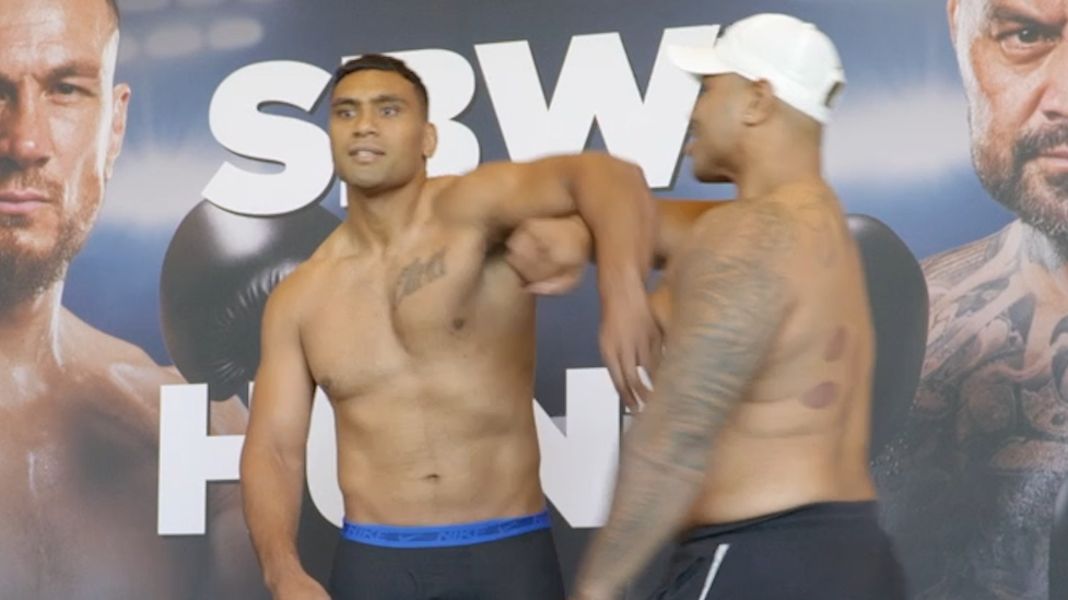 Tevita Pangai Jr and his heavyweight opponent Jeremiah Tupai-Ui came face-to-face during Friday&#x27;s pre-fight weigh-in.