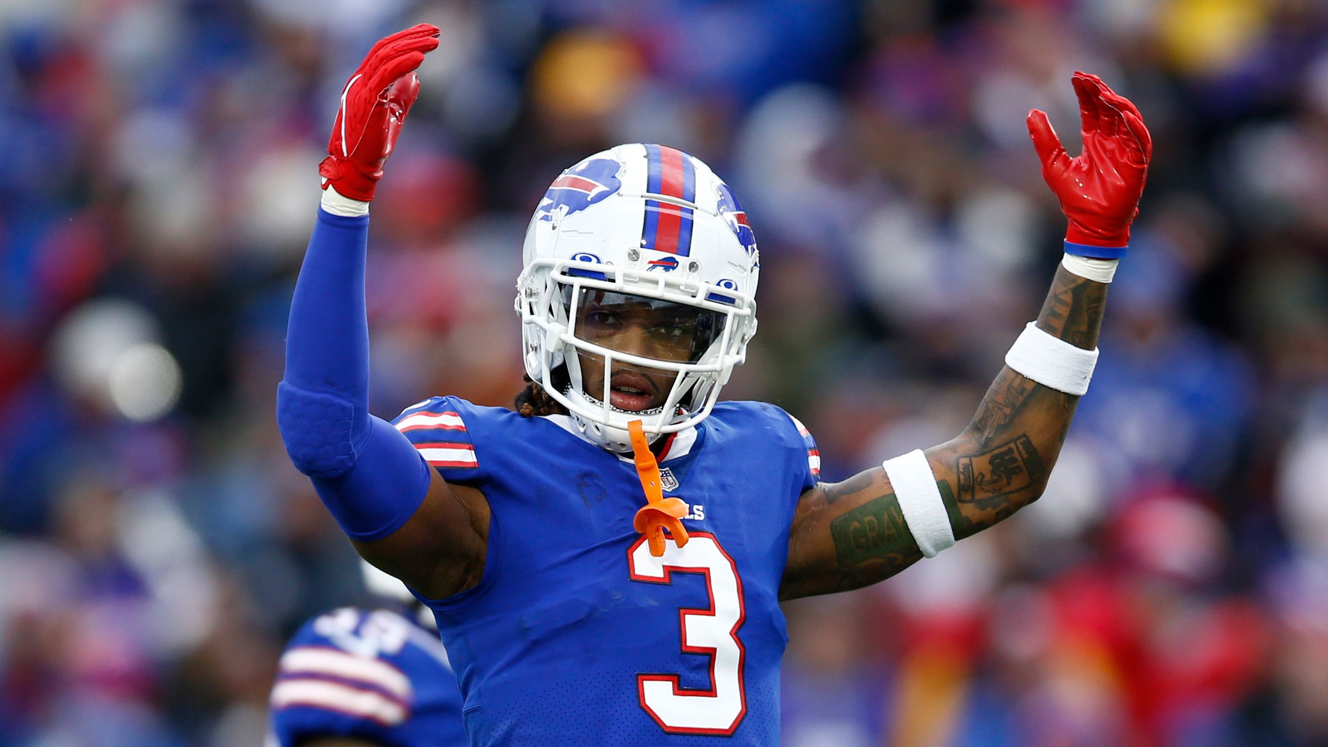 Damar Hamlin #3 of the Buffalo Bills gestures towards the crowd during the third quarter against the Minnesota Vikings at Highmark Stadium on November 13, 2022 in Orchard Park, New York. (Photo by Isaiah Vazquez/Getty Images)