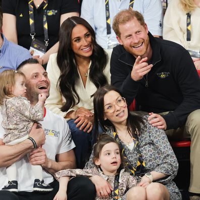 Prince Harry, Duke of Sussex and Meghan, Duchess of Sussex attend the Sitting Volleyball Competition during day two of the Invictus Games The Hague 2020 at Zuiderpark on April 17, 2022 in The Hague, Netherlands. (Photo by Chris Jackson/Getty Images for the Invictus Games Foundation)