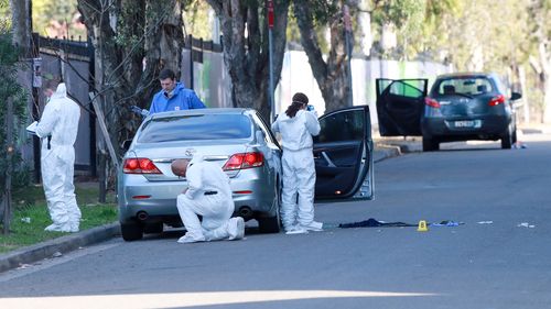 Scene of shooting at Greenacre. Two men, woman shot while sitting in their cars in Greenacre . Bullet holes are seen in the car window. July 23, 2023. Photo Edwina Pickles SMH
