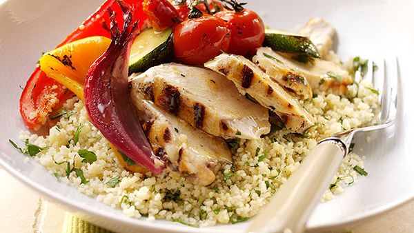 Barbecue chicken with coriander couscous and elderflower roasted vegetables