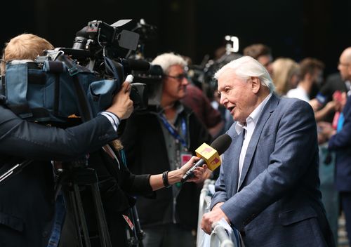 Sir David Attenborough speaking to the media as he arrives for the World Premiere screening of the BBC's Blue Planet II at the British Film Institute IMAX cinema in London. (AAP)