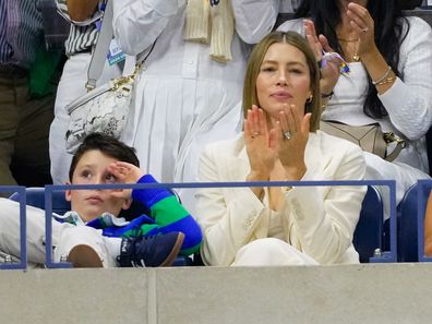 Jessica Biel and son Silas Timberlake attend day 4 of the 2024 US Open Tennis Championships on August 29, 2024 in New York. 